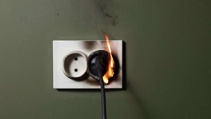 燃烧墙电源插座与插头电器电缆从短路的房子。家庭消防安全及电力过载的概念。滑块拍摄