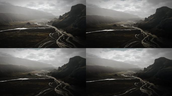 戏剧性的空中托尔山谷，冰川河流流经黑色火山，thorsmörk电影般的喜怒哀乐的冰岛