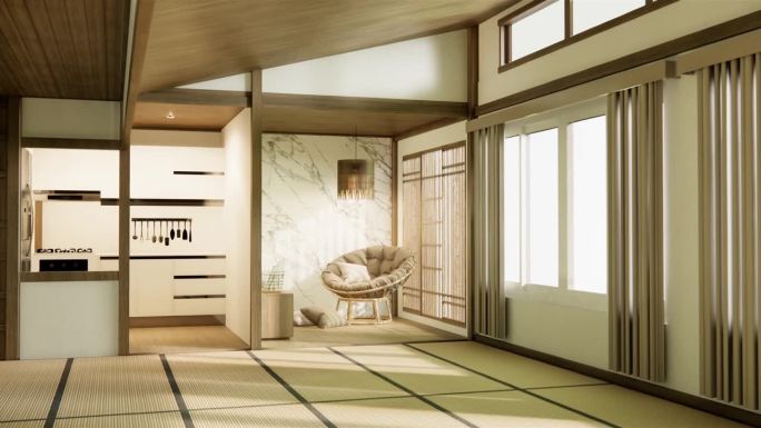 室内、空房和日式榻榻米地板房。三维渲染