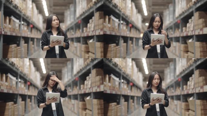 亚洲女性对仓库的工作感到压力
