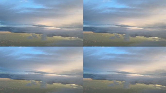 在西班牙巴塞罗那附近的一架喷气式飞机上，在7000米高的空中，实时拍摄了一架飞机在五彩缤纷的白云中飞