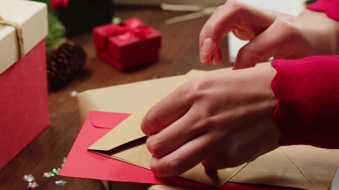 手包装圣诞新年或生日礼盒在木制桌面周围的信件和礼物，俯视图，新年装饰和快乐的节日气氛，2024年，2