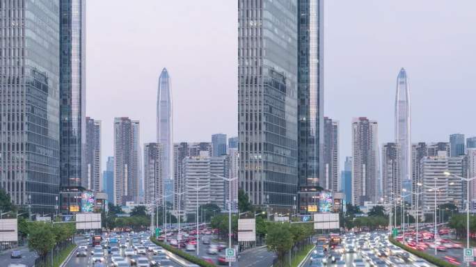 T/L MS从黄昏到夜晚，中国深圳福田区CBD主干道的交通流量和城市风景