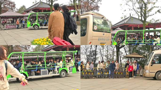 游客乘坐观光车，排队上车来来往往的观光车