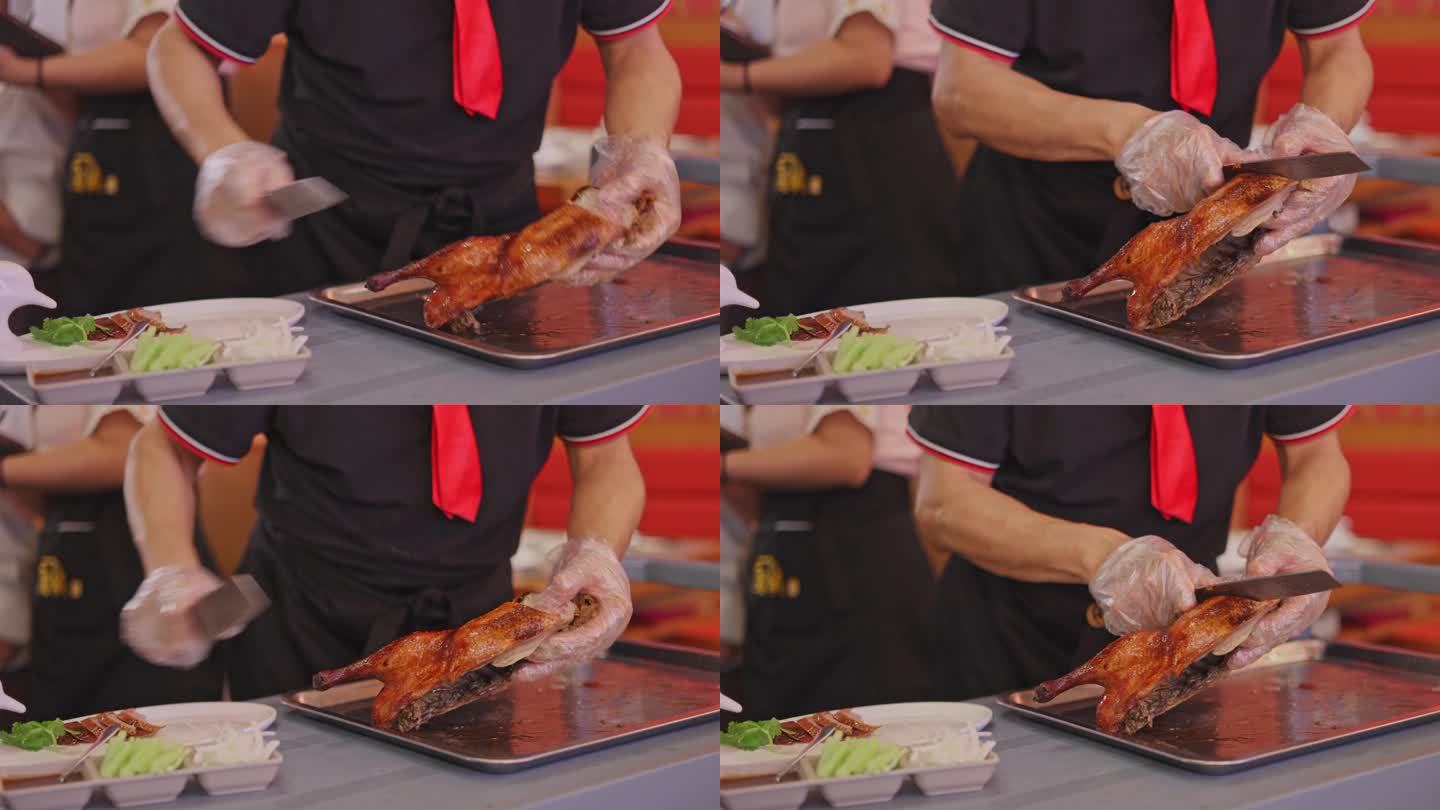厨师手切北京烤鸭的特写