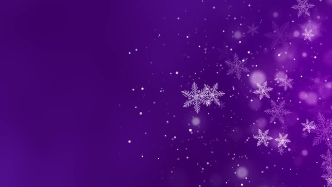 动画简单的雪花在紫色冻结的背景。模糊抽象圣诞屏幕保护程序与空白空间的文字。循环运动图形。