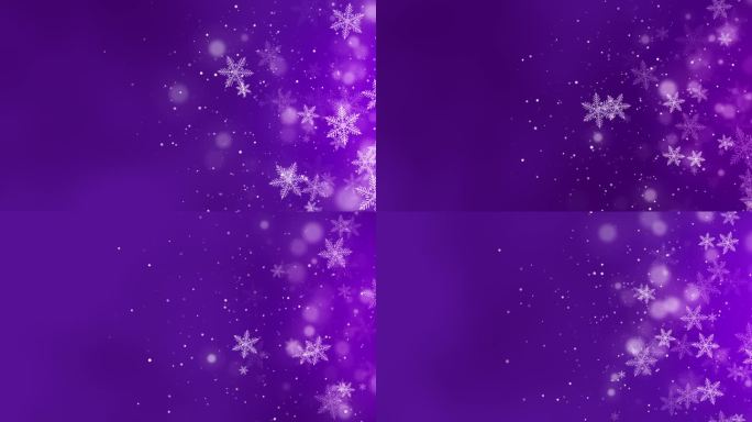 动画简单的雪花在紫色冻结的背景。模糊抽象圣诞屏幕保护程序与空白空间的文字。循环运动图形。
