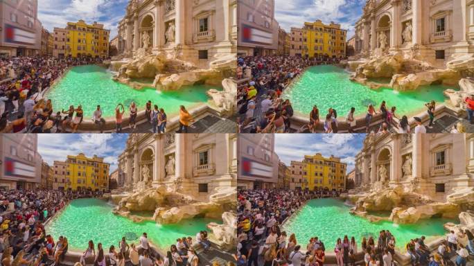 游客观看特莱维喷泉的时间流逝:罗马的标志性地标沐浴在阳光下，意大利，欧洲。