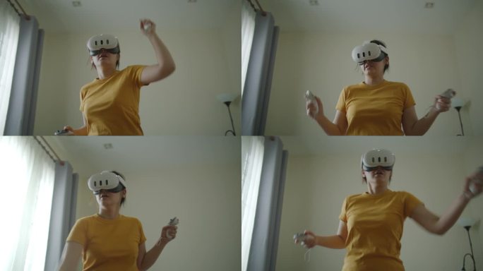 女人在家里戴着VR眼镜玩VR游戏
