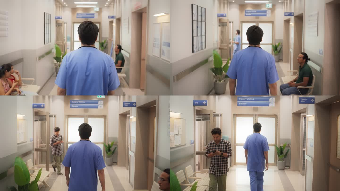 年轻男医生在医院走廊行走的后视跟踪镜头。印度专业医学专家在繁忙的现代健康诊所开始他的工作的慢动作