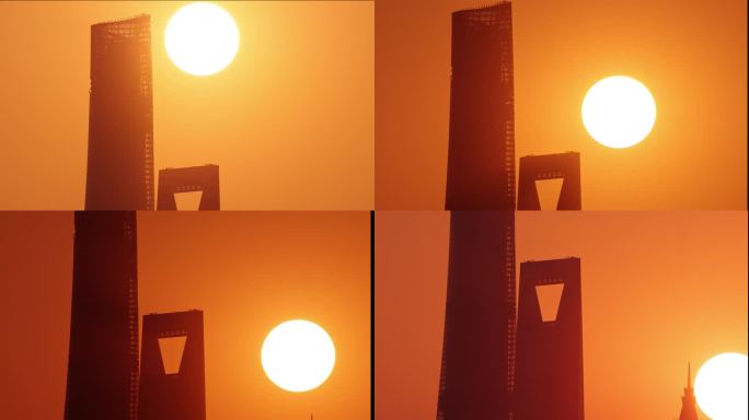 美丽的日落景观与上海中心和上海环球金融中心黄昏，4k延时镜头。