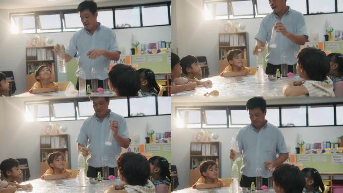 一群小学生在教室里和老师一起学习小苏打的化学反应。
