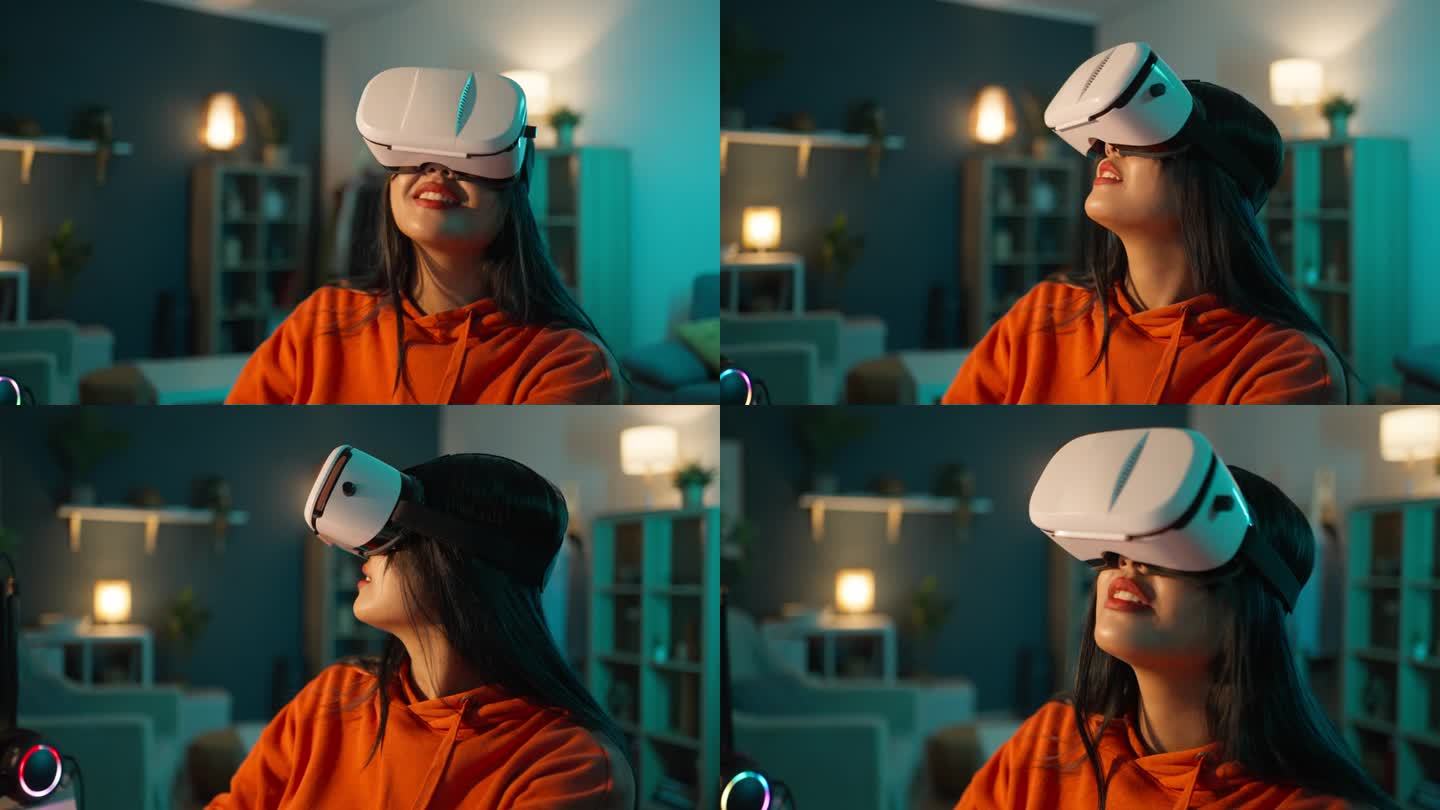 亚洲女性玩家在PC上玩游戏时戴着VR头显