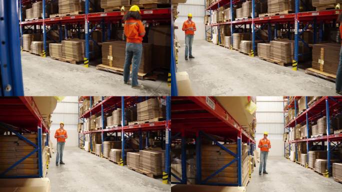 员工在仓库内工作，检查产品，准备发货。