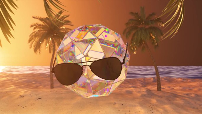 未来的概念。在棕榈树的映衬下，钻石球在迪斯科舞厅下翩翩起舞。太阳镜。星空