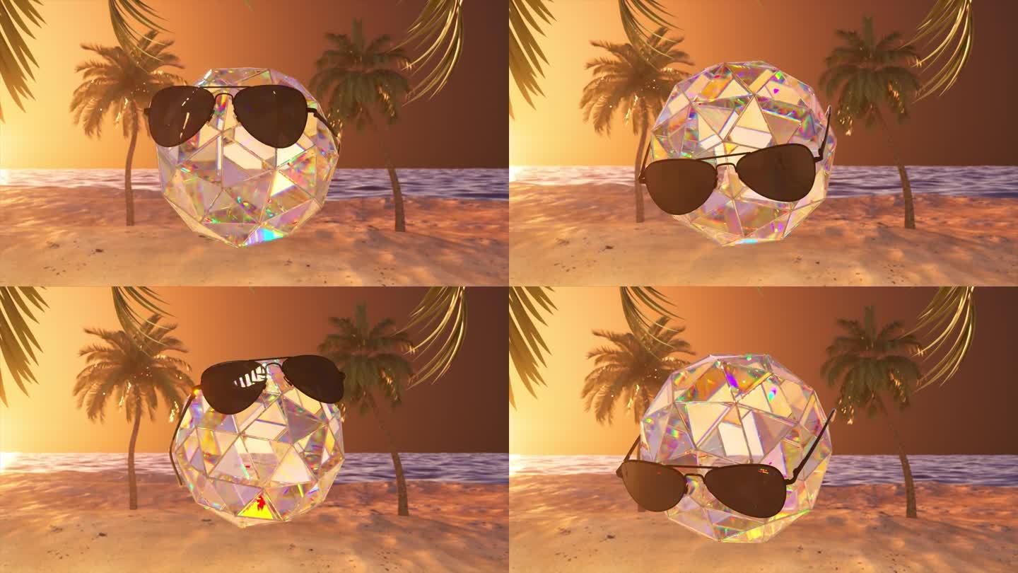未来的概念。在棕榈树的映衬下，钻石球在迪斯科舞厅下翩翩起舞。太阳镜。星空