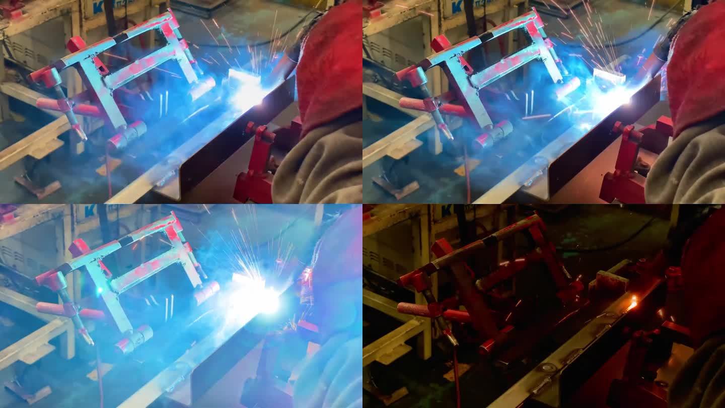 将手套中的金属焊接到铁板上的过程。工业金属制品。制造业。