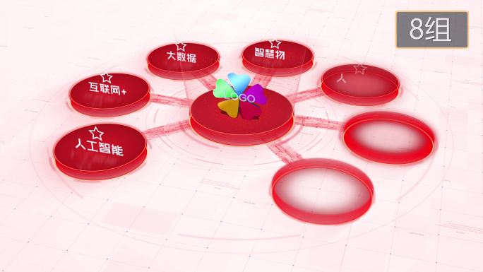 【无插件】4K浅红色科技架构分类圆形8大