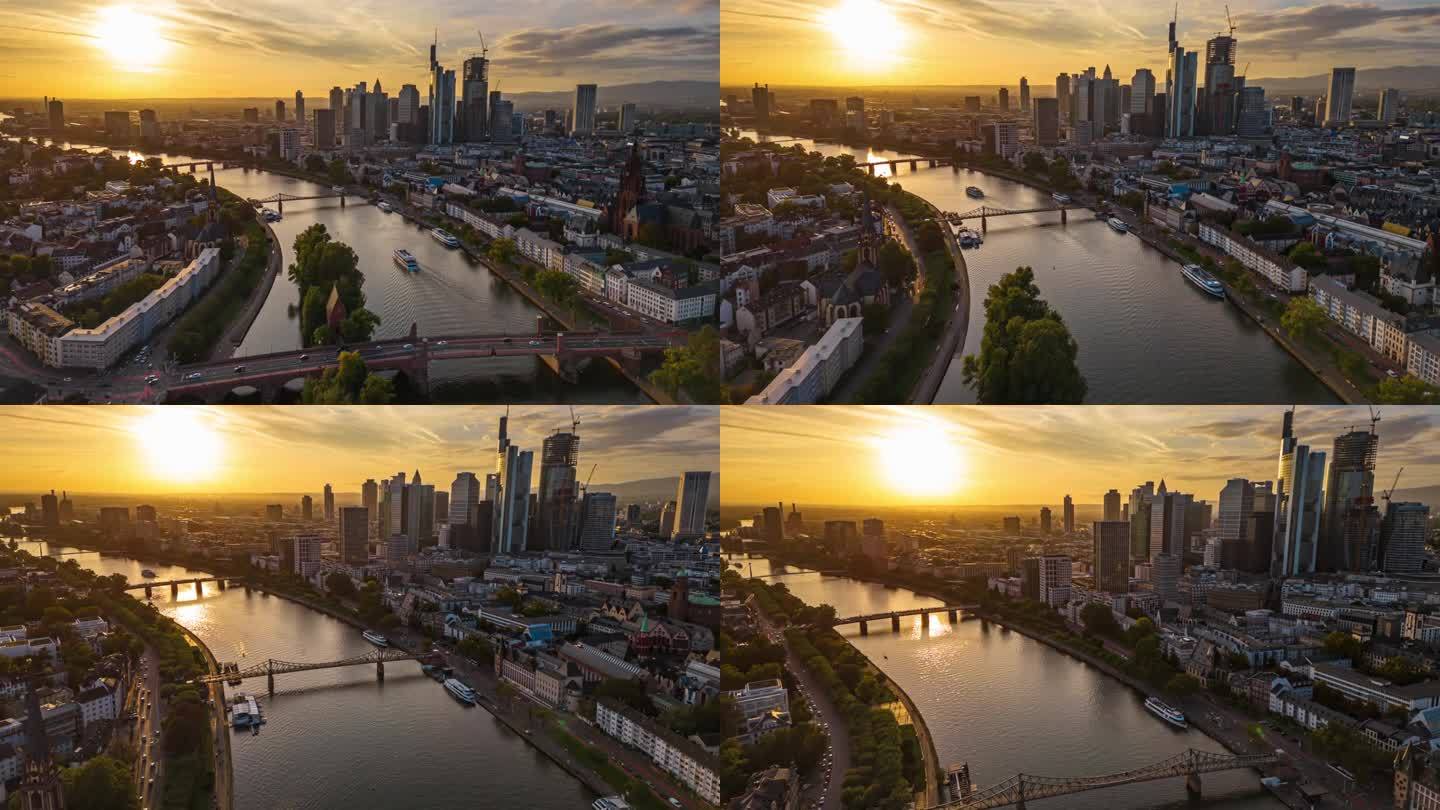 鸟瞰图:德国，日落时分，法兰克福和美因天际线，美因河和现代金融大楼和摩天大楼