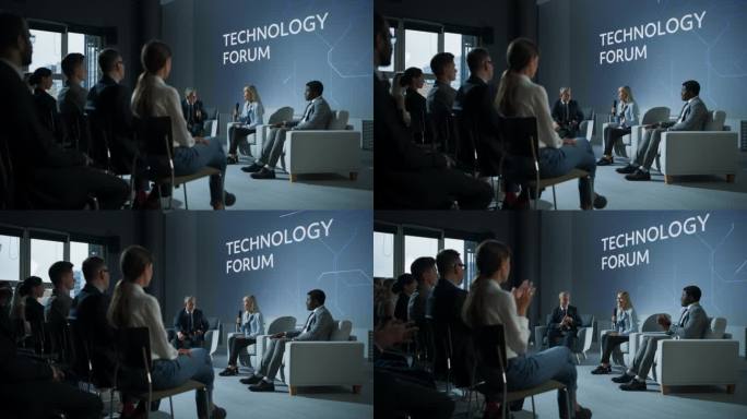 国际科技会议:主持人在观众面前问白人科技女CEO一个问题。成功女性发表鼓舞人心的演讲，不同的与会者为