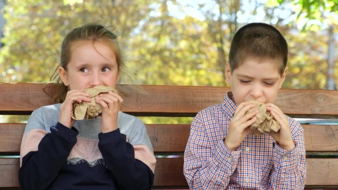 夏天，一个男孩和一个女孩坐在城市的长凳上吃汉堡，街边小吃。