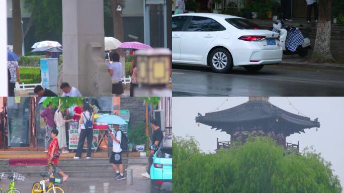 江苏苏州姑苏寒山寺江南水乡下雨季游客风景