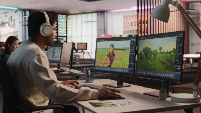 印度男性游戏设计师使用桌面电脑和3D建模软件设计身临其境的生存电子游戏角色和世界。在游戏开发工作室工