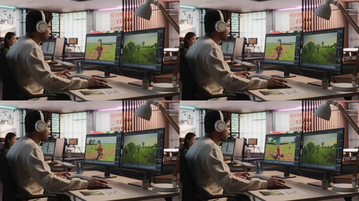 印度男性游戏设计师使用桌面电脑和3D建模软件设计身临其境的生存电子游戏角色和世界。在游戏开发工作室工