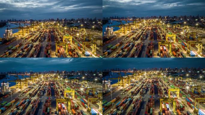 工业港口集装箱船夜景夜色俯拍俯视经贸外贸