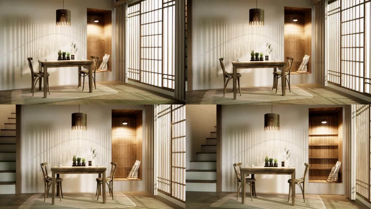 日式餐厅，日式长桌和木椅。三维渲染