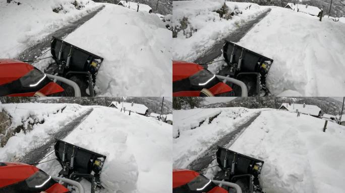 镜头:用迷你扫雪机铲雪和推大堆刚下的雪