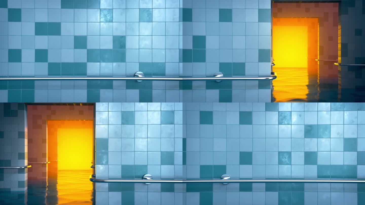 泳池墙贴着蓝色瓷砖。