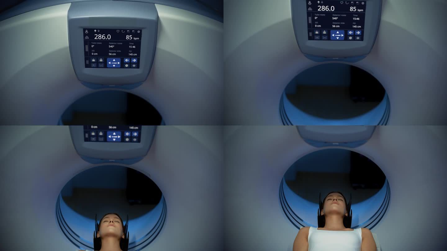 摄像机从控制屏幕平移到患者:医学实验室或医疗机构使用高科技设备对躺在CT或MRI上的女性进行扫描，同
