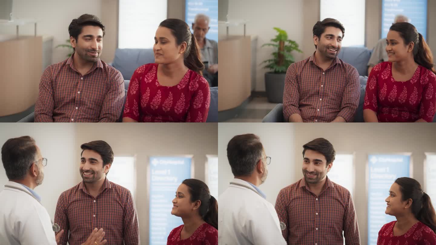一对印度夫妇在当地城市诊所进行健康检查的肖像:年轻的丈夫和妻子与他们的医生交谈，从医学专家那里获得健
