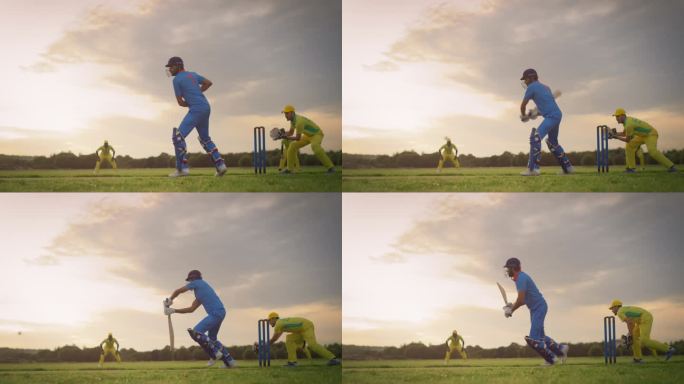 印度业余板球队在比赛前训练。蓝队击球手成功击球并冲刺得分。黄队急于接球