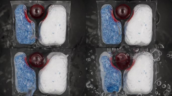 可溶的包，洗碗机胶囊内的红色和蓝色粉末，红色凝胶充满水，它们溶解。