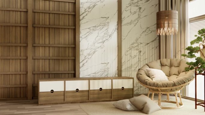 无印良品客厅的日式风格和装饰为日本风格。三维渲染
