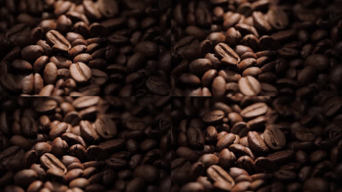 咖啡豆。镜头的特写镜头向上平移，在阳光的阴影下显示烘焙的咖啡豆