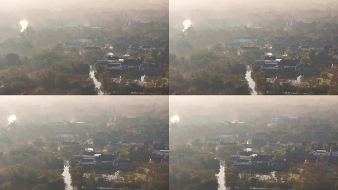 中国杭州西溪湿地晨雾笼罩下的唯美村庄