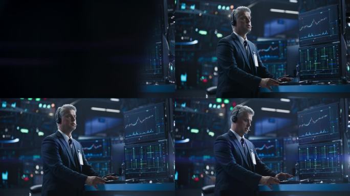 一位中年证券交易所经纪人的肖像，他在电脑上用多屏幕工作站处理实时股票、商品和交易所市场图表。专业投资