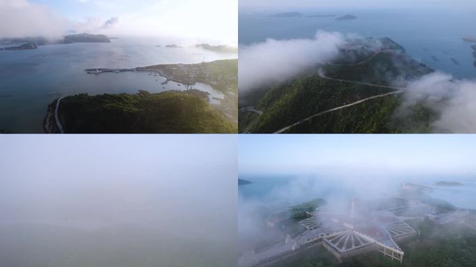 台州大陈岛垦荒纪念碑穿越云雾航拍