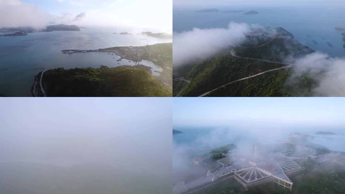 台州大陈岛垦荒纪念碑穿越云雾航拍