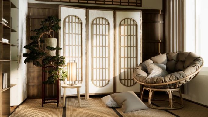 日式沙发和装饰上了现代房间内部的侘侘风格。三维渲染