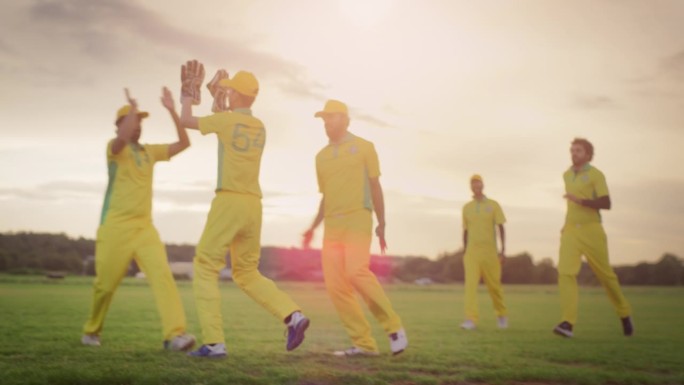 穿着黄色制服的印度职业板球队庆祝轻松战胜对手。鲍勒和其他球员互相击掌欢呼。温暖的傍晚天气和美丽的日落
