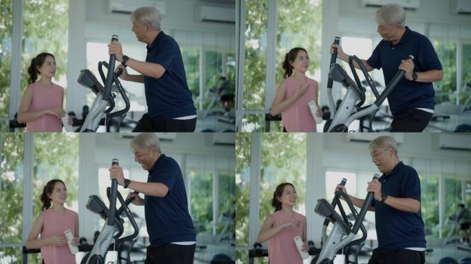 在繁忙的健身房里，一位年轻的亚洲女性微笑着帮助一位年长的客户。