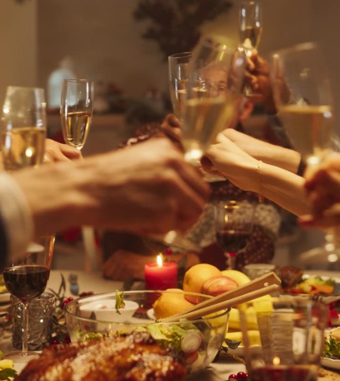 垂直屏幕:圣诞节庆祝活动在家里与一群亲人享受火鸡晚餐。老人和年轻的家庭成员举杯碰杯庆祝节日