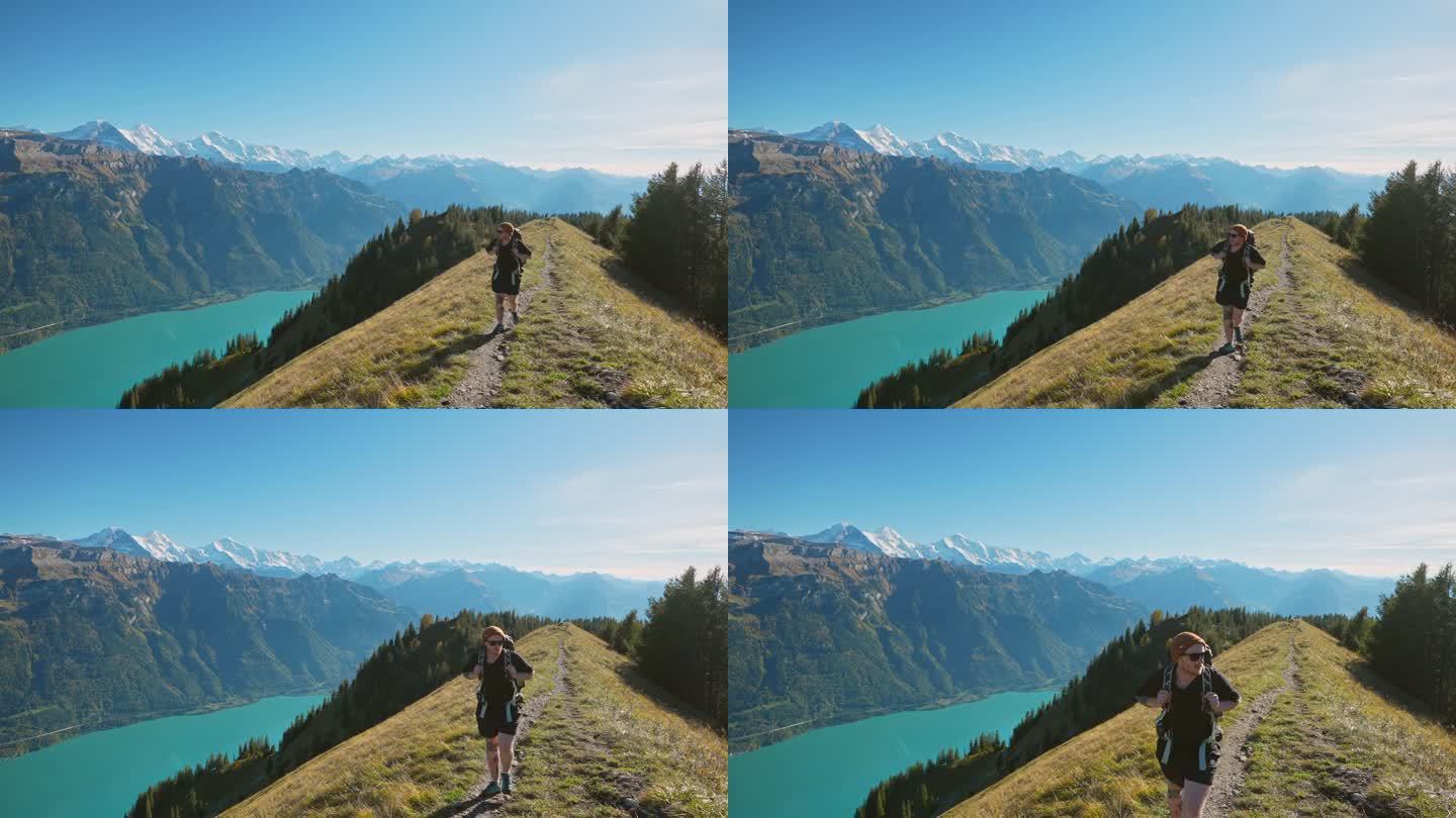 一名男子在瑞士阿尔卑斯山的因特拉肯徒步旅行
