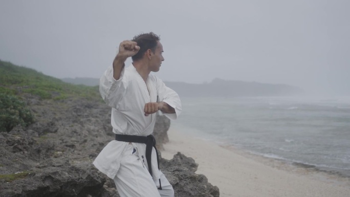 空手道大师在海滩训练