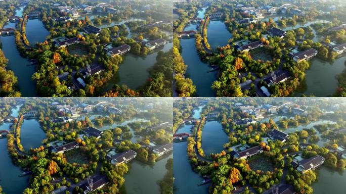 中国杭州西溪湿地与村庄清晨美景