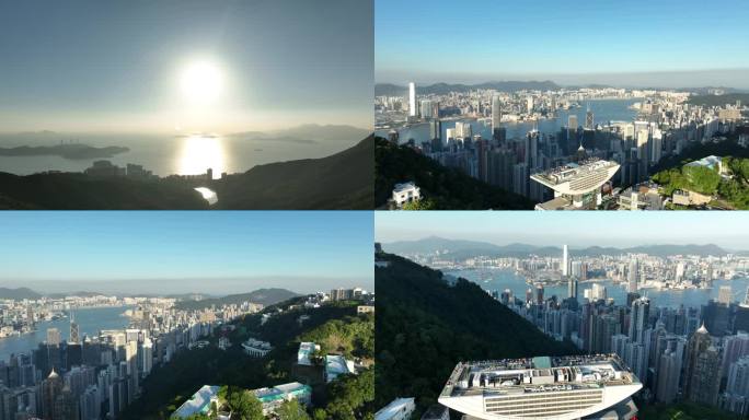 香港太平山航拍山峰大海阳光夕阳日落日出